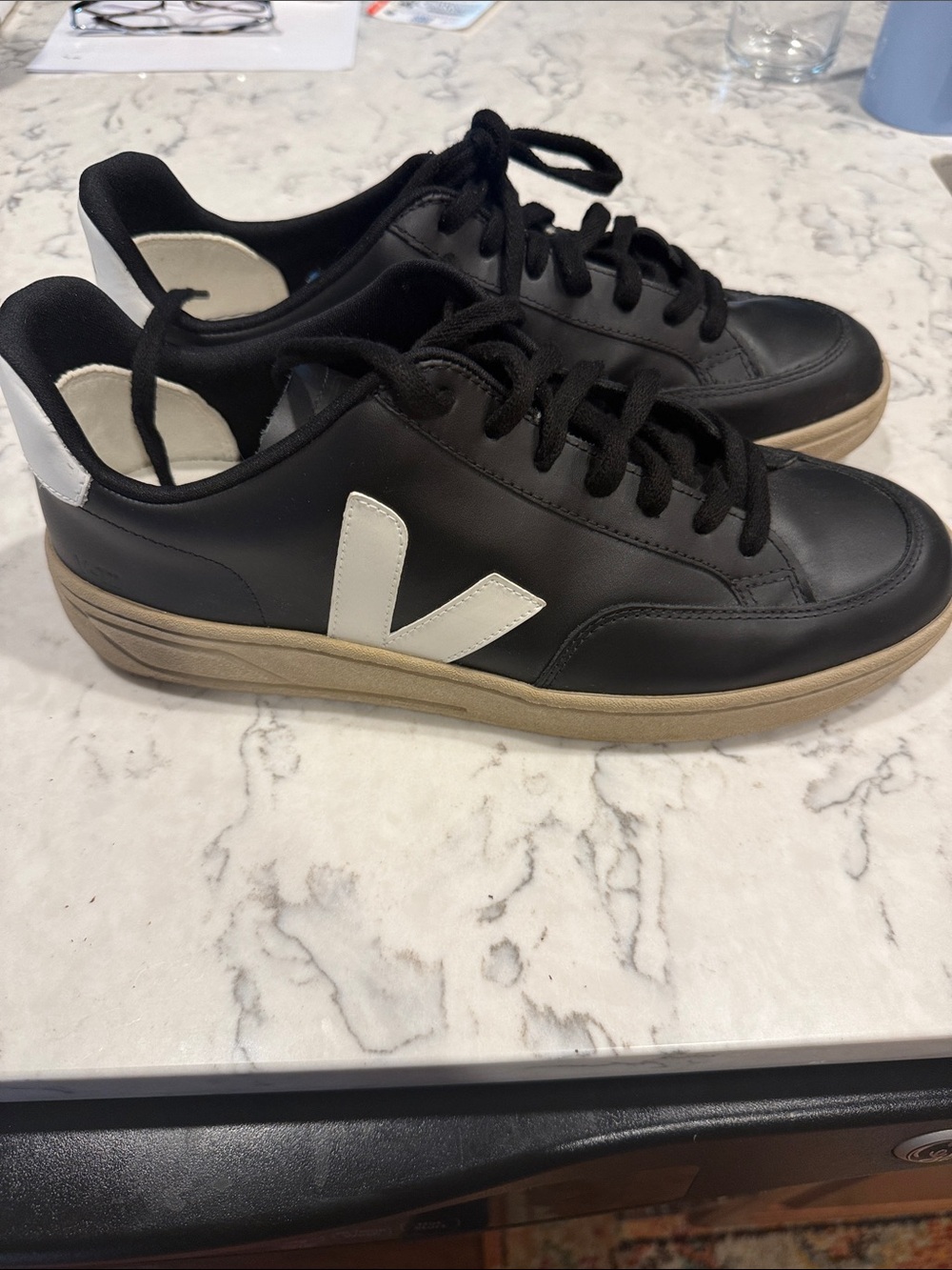 Veja Black Leather Sneakers with White V Logo and Tan Sole - 4-IX-XXIII